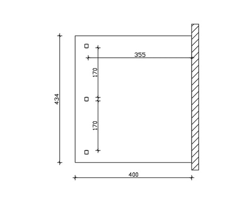 Dessin technique avec indications de dimensions : hauteur 434 mm, largeur 400 mm, profondeur 355 mm, distance entre les trous de fixation 170 mm.