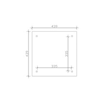Dessin technique d''une plaque carrée mesurant 439 x 439 mm avec quatre trous percés à une distance de 335 mm.