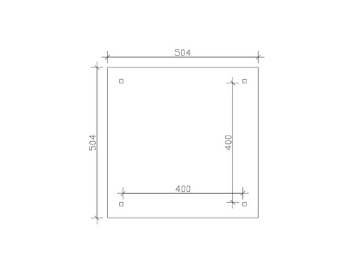 Technische Zeichnung einer Platte mit den Maßen 504 x 504 Millimeter und Bohrlöchern