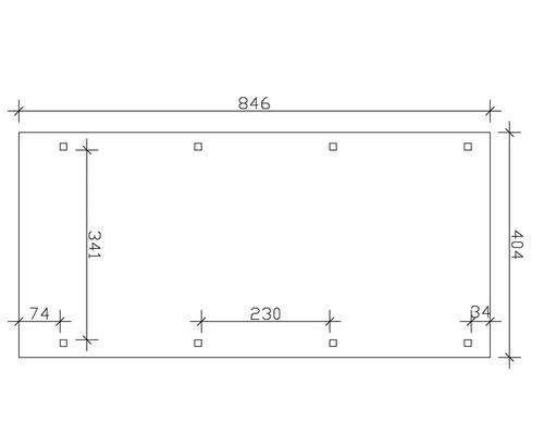 Technische Zeichnung mit den Maßen 846, 404, 341, 230, 74 und 34