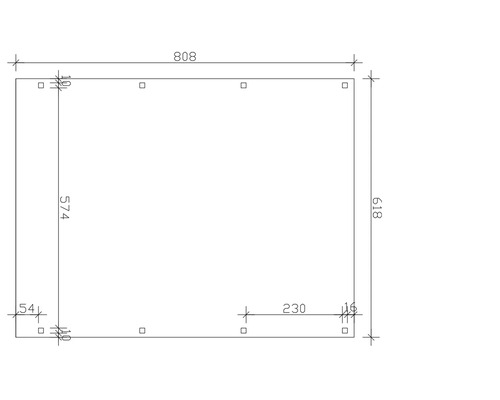 Technische Zeichnung mit den Maßen 808, 618 und 574