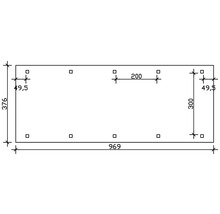 Dessin technique avec dimensions: longueur 969, largeur 376, distance entre les trous 49,5, 200 et 300