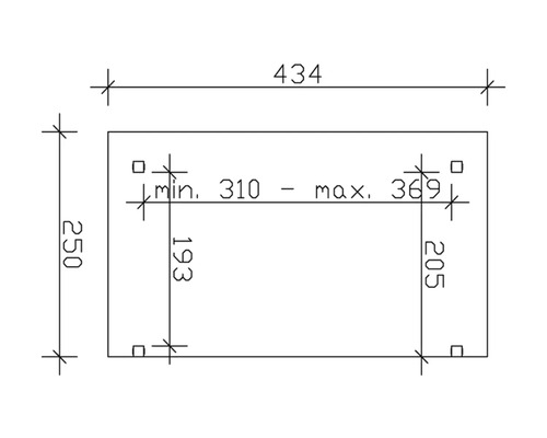 Dessin technique avec les dimensions du produit : 434, 250, 193, 205, minimum 310 à maximum 369.