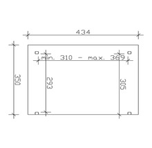 Dessin technique avec dimensions : 434 millimètres de largeur, 350 millimètres de hauteur, 310 millimètres minimum et 369 millimètres maximum de profondeur.