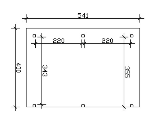 Dessin technique avec cotes pour un objet rectangulaire : Dimensions extérieures 541 x 400 mm, écarts verticaux internes 343 et 355 mm, horizontal 220 mm.