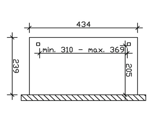 Dessin technique avec dimensions d''un produit: hauteur 239, largeur 434, profondeur minimale 310 à maximale 369, hauteur 205.