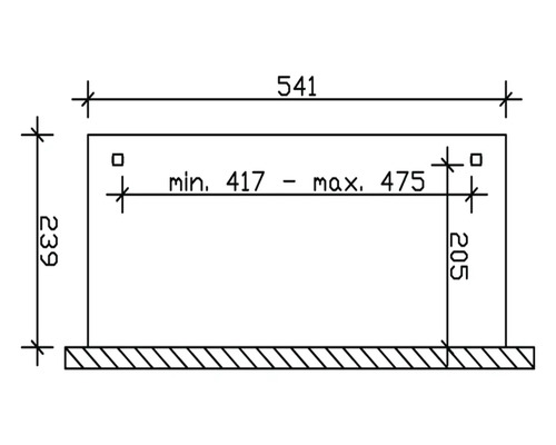 Dessin technique avec cotes : longueur totale 541 mm, hauteur 239 mm, profondeur 205 mm, distance intérieure minimale 417 mm, maximale 475 mm.