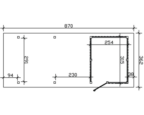 Grundrisszeichnung eines Gartenhauses mit Maßangaben