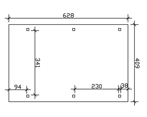 Technische Zeichnung mit Maßangaben: Länge 628, Breite 409, Höhe 341