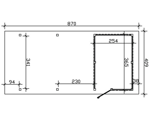 Technische Zeichnung eines Gartenhauses mit Maßangaben.