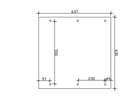 Technische Zeichnung mit Maßangaben für ein rechteckiges Objekt: 637 x 630 Millimeter.