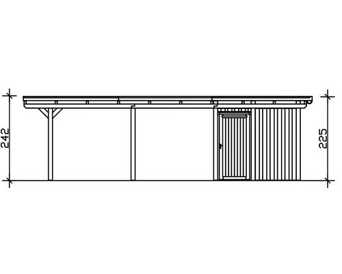 Technische Zeichnung eines Gerätehauses mit Carport und Maßangaben