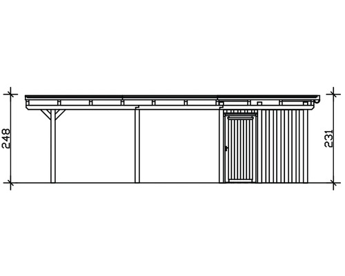 Zeichnung eines Gerätehauses mit Carport und Maßangaben