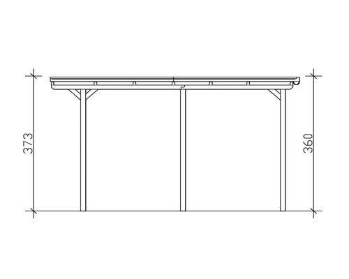 Technische Zeichnung eines Carports mit den Maßen 373 mal 360 Zentimeter.