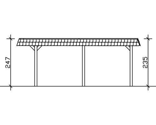 Technische Zeichnung eines Holzpavillons mit Maßangaben.
