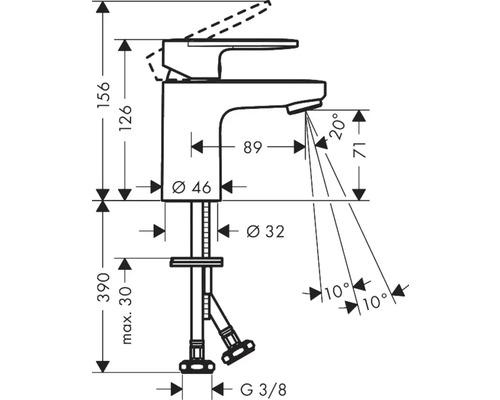 Technische Zeichnung einer Armatur mit Maßangaben