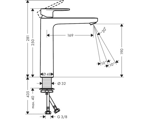 Schéma technique d''un robinet de lavabo avec indications de dimensions