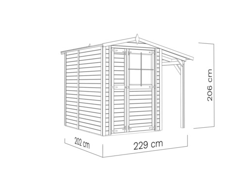 Illustration d''une cabane de jardin mesurant 202 sur 229 sur 206 centimètres