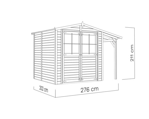 Illustration eines Gartenhauses mit den Maßen 202 cm x 276 cm x 211 cm.