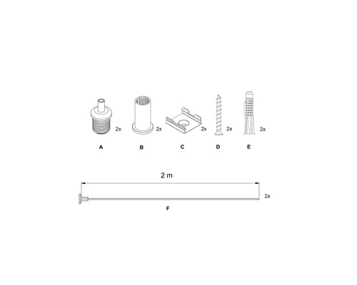 Abbildung der Bestandteile eines Sets: Dübel, Schrauben und Zubehörteile.