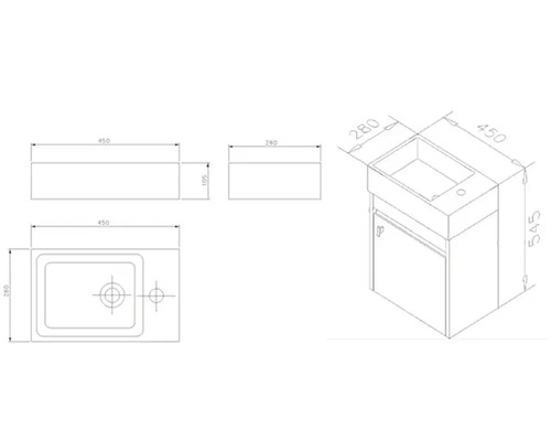 Technische Zeichnung eines Waschtischunterschranks mit Maßen