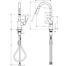 Schéma technique d''un robinet de cuisine avec dimensions