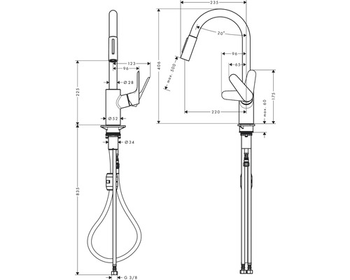 Schéma technique d''un robinet de cuisine avec dimensions