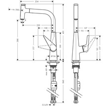Dessin technique d''un robinet de cuisine avec dimensions.