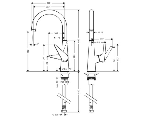 Schéma technique d''un robinet avec dimensions