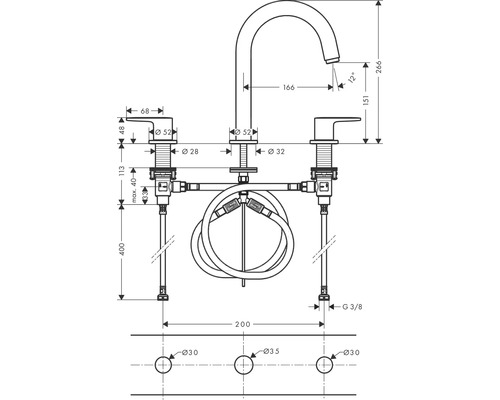 Technische Zeichnung einer Armatur mit Maßangaben