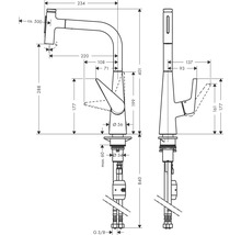 Schéma technique d''un robinet de cuisine avec indications de mesure.