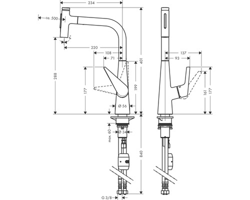 Schéma technique d''un robinet de cuisine avec indications de mesure.