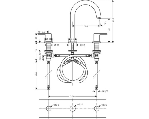 Technische Zeichnung einer Küchenarmatur mit Maßangaben