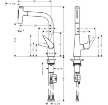 Schéma technique d''un robinet de cuisine avec dimensions