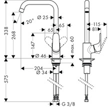 Schéma technique d''un robinet de cuisine avec dimensions