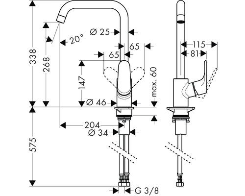 Schéma technique d''un robinet de cuisine avec dimensions