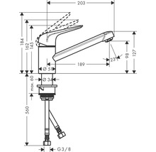 Schéma technique d''un robinet de cuisine avec dimensions