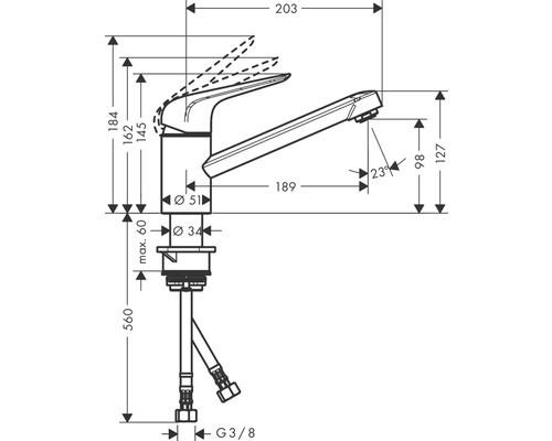 Schéma technique d''un robinet de cuisine avec dimensions