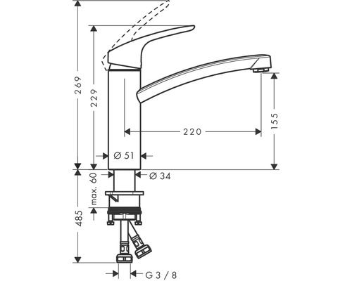 Dessin technique d''un robinet de cuisine avec dimensions