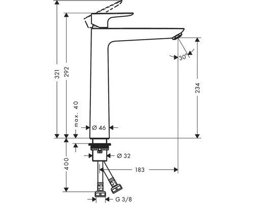 Technische Zeichnung einer Armatur mit Massangaben