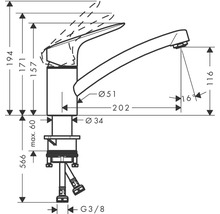 Schéma technique d''un robinet de cuisine avec cotes