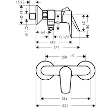Technische Zeichnung einer Armatur mit Massangaben