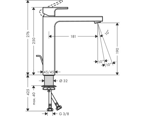 Technische Zeichnung einer Armatur mit Massangaben