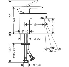 Dessin coté d''un robinet avec indication des dimensions.