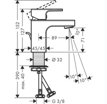 Schéma technique d''un robinet avec indications de dimensions