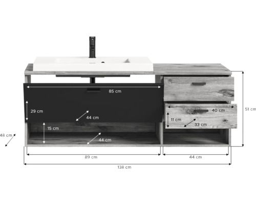 Waschtischunterschrank mit Waschbecken, Schubladen und Maßen