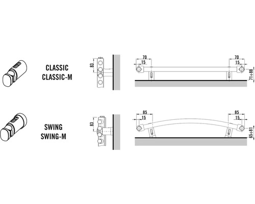 Présentation du mode de construction des porte-serviettes des variantes Classic-M et Swing-M avec indication des dimensions.