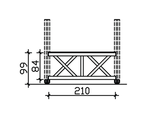Dessin technique d''une plateforme d''échafaudage mesurant 210 cm de largeur et 99 cm de hauteur