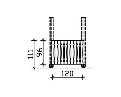 Dessin technique d''un garde-corps de balcon avec des dimensions de 120 x 111 cm.