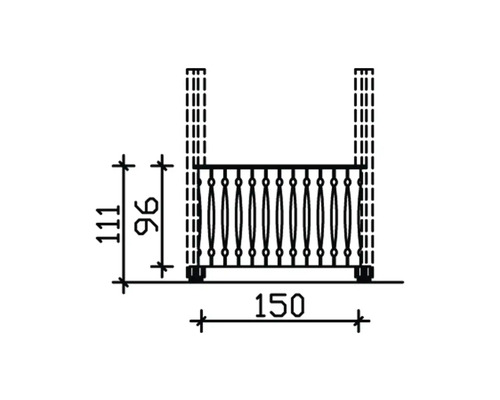 Schéma technique d''un garde-corps de balcon avec dimensions : hauteur 111 cm, hauteur du garde-corps 96 cm, largeur 150 cm.